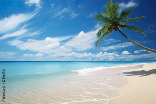 Serene beach scene with soft sandy shore, ocean waves, and a blue sky with fluffy clouds. Vacation mood that speaks of tranquility and relaxation. Peaceful holiday. Relax in the nature.