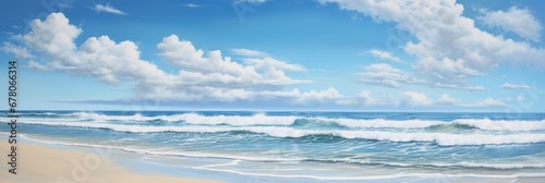 Serene beach scene with soft sandy shore  ocean waves  and a blue sky with fluffy clouds. Vacation mood that speaks of tranquility and relaxation. Peaceful holiday. Relax in the nature.