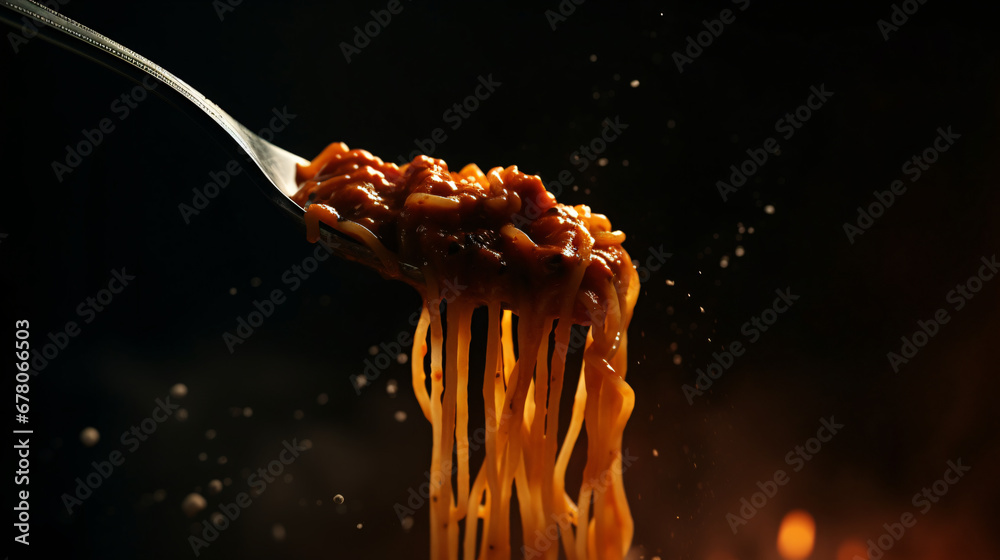 Spaghetti on a fork on a dark background. Close up - obrazy, fototapety, plakaty 