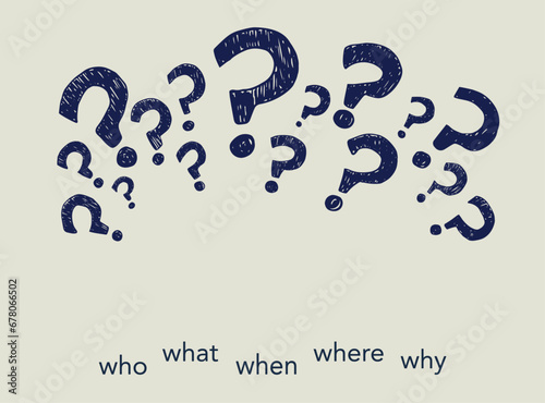 Question mark banner with words Who What When Where Why.Problem solving concept.Decision or uncertainty or strategy.Investigate and solve questions Problem solving - Hand draw Doodle style