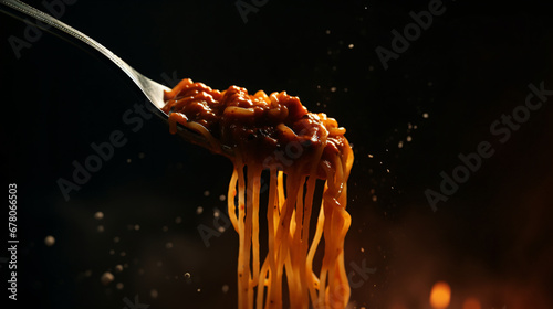 Spaghetti on a fork on a dark background. Close up