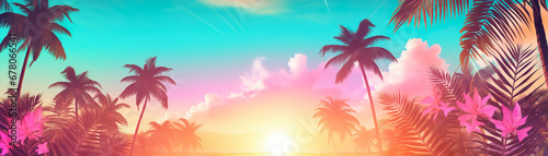 Wide-format tropical sunset with radiant palm silhouettes against a gradient sky of pink and blue hues, perfect for vacation themes. Holiday background. Empty, copy space for text. photo