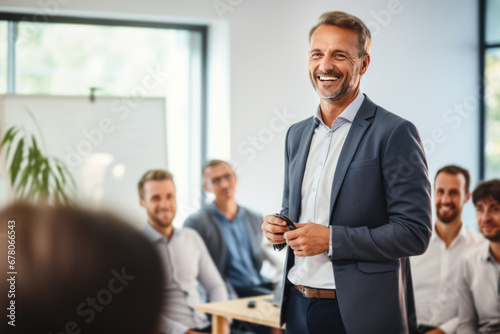Conference training planning or learning coaching. Business people discussing a new strategy. Male business coach speaker in suit give presentation.