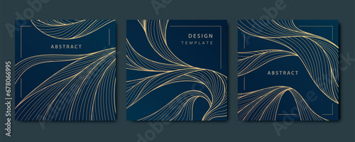 Vector set of luxury fancy golden patterns, linear style wavy cards. Art deco flow banners, wave post templates for social net, tags, covers