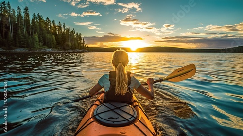 A woman with paddles on a kayak in a crystal lake against a background of majestic mountains.