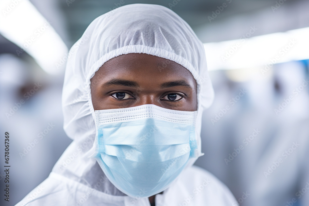 A man wearing a face mask in a factory created with Generative AI technology A man wearing a face mask in a factory created with Generative AI technology