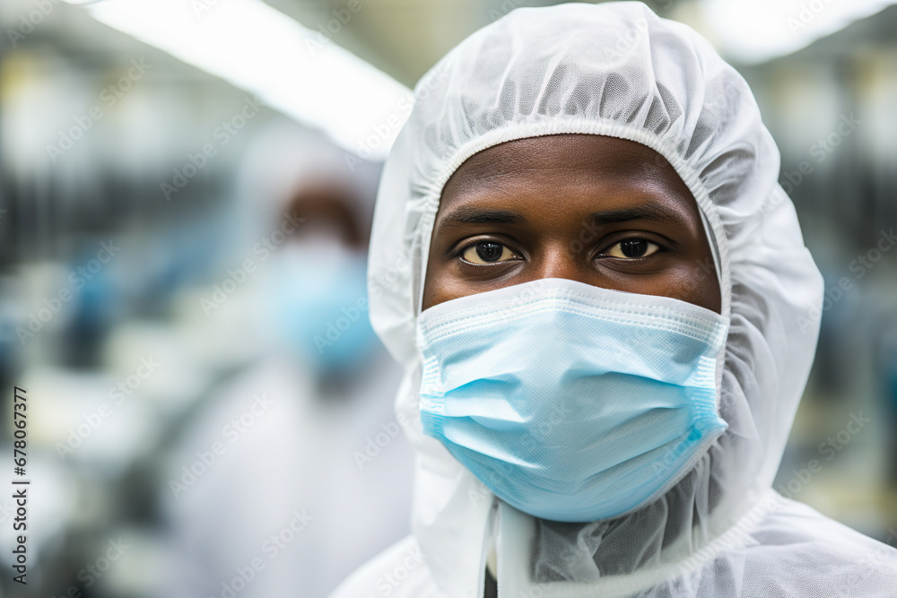 A man wearing a face mask in a factory created with Generative AI technology A man wearing a face mask in a factory created with Generative AI technology