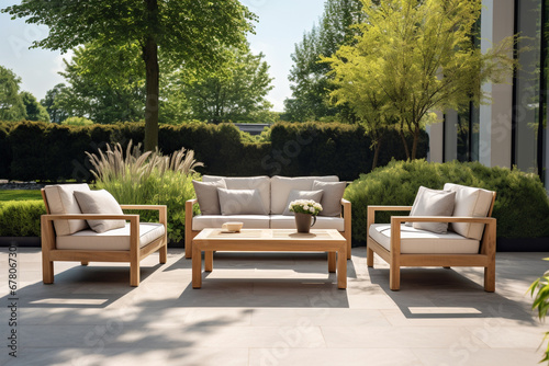 Modern Patio With Sofa  Armchairs  Coffee Table And Garden View Background  aesthetic look