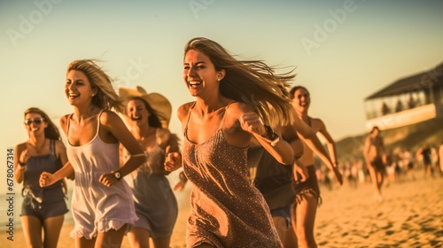 Group of young adult girls having fun at a beach party.