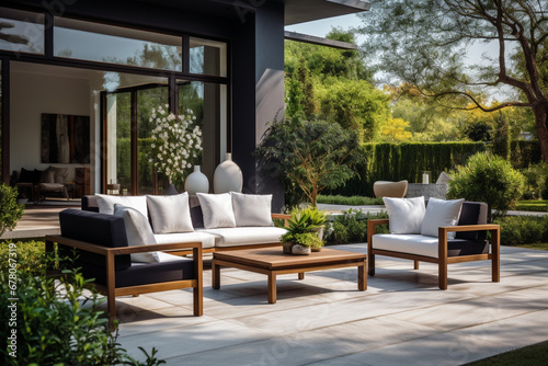 Modern Patio With Sofa, Armchairs, Coffee Table And Garden View Background, aesthetic look