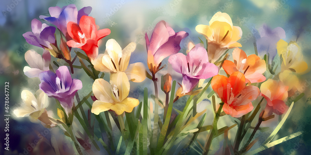 Blooming freesia flowers in the garden, watercolor painting.