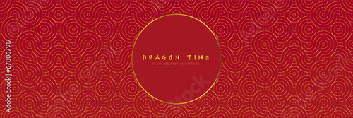 Oriental Golden Dragon Pattern. Japanese Seamless Geometric Texture Background for Chinese New Year Decor and Lunar Celebrations.