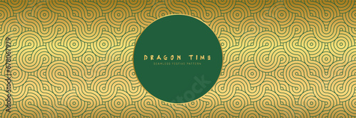 Premium Golden Background Pattern with Green Asian Dragon. Chinese Lunar New Year Texture. Zodiac Holiday Elegance and Luxury Decor.