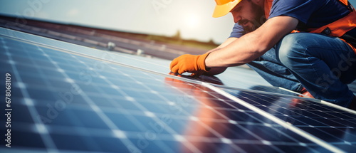 Electrical engineer worker in protective helmet and uniform working on roof with solar panels against sunset sky. man with helmet installing solar panels. generative ai photo