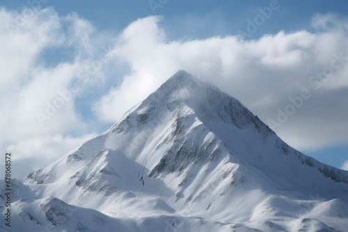 Large snow covered mountain top. High mountain peak scenic winter view with fluffy clouds. Generate ai © nsit0108