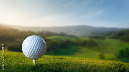 A golf ball on a tee, set against a backdrop of rolling hills