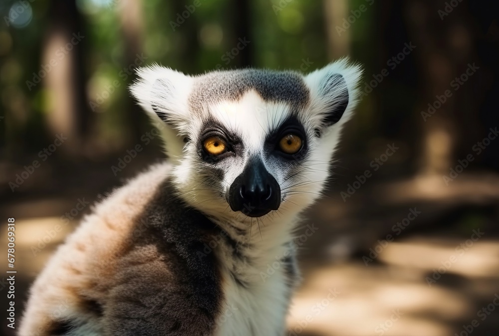 Closeup photo of lemur animal in wild forest. Wildlife primate with white and black fur. Generate ai Closeup photo of lemur animal in wild forest. Wildlife primate with white and black fur. Generate ai