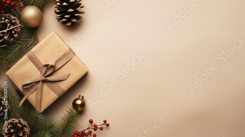 Christmas composition. Christmas fir tree branches, gifts, pine cones on wooden white rustic background. Flat lay, top view. Copy space. Banner backdrop. © radekcho