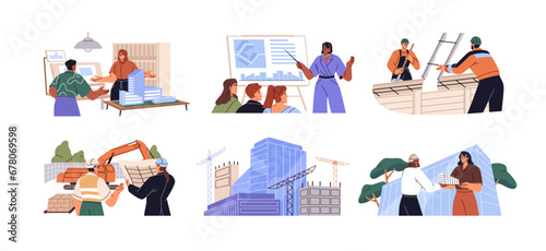 Architecture business set. Architect presenting, show construction project. Builders in helmet work on building site. Professional engineers team. Flat isolated vector illustration on white background