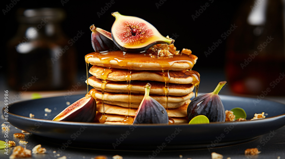 Stack of pancakes with figs and maple syrup