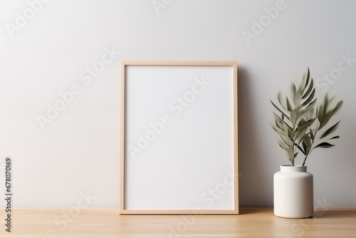 Vertical wood frame for mockup. room interior with mock up photo frame. photo