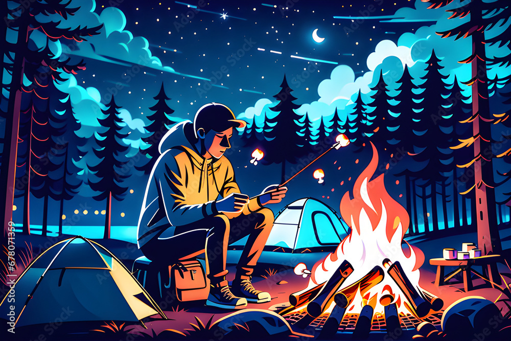 A person roasting marshmallows at a campsite at night generative ai