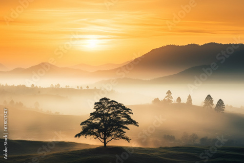Nature travel concept  Misty summer for layer of tree and mountain hills with mist landscape with orange light in the morning time