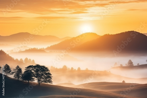 Nature travel concept: Misty summer for layer of tree and mountain hills with mist landscape with orange light in the morning time