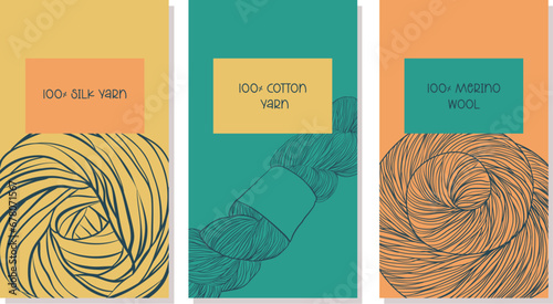Blue, yellow, orange cozy banners set with woolen yarn balls in doodle style. Vector illustration yarn for knitting and crocheting package template