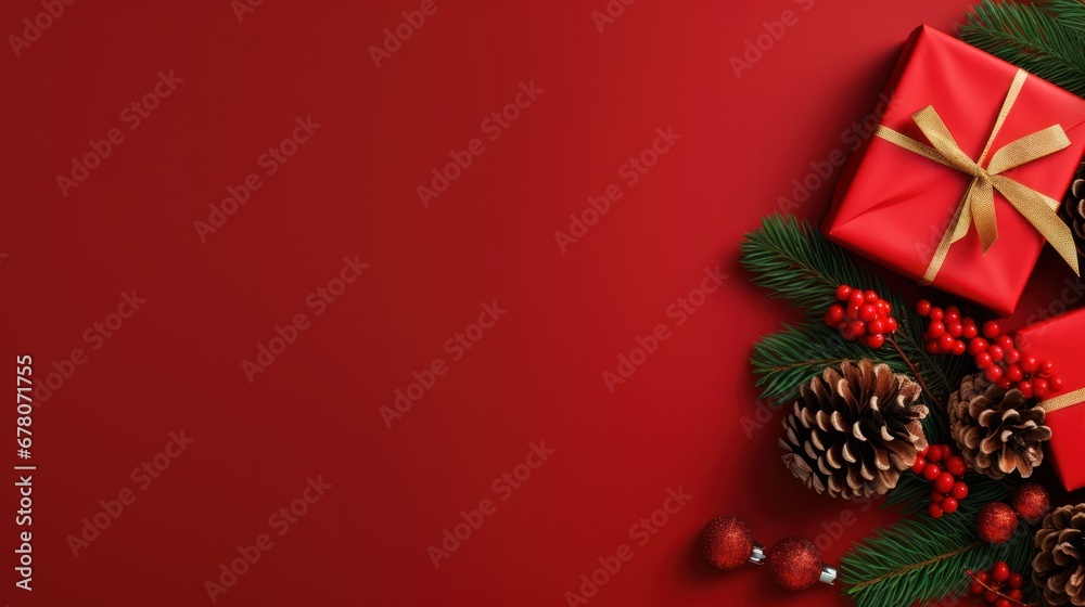 Christmas composition. Christmas fir tree branches, gifts, pine cones on red background. Flat lay, top view. Copy space. Banner backdrop.