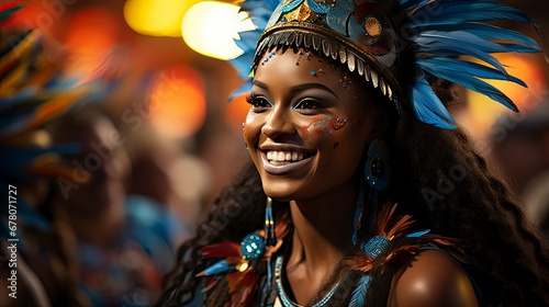 A radiant carnival queen with a feathered headdress and joyous expression amidst a festive backdrop.