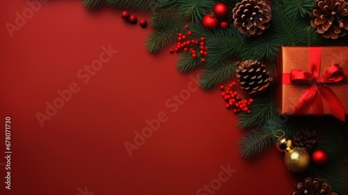 Christmas composition. Christmas fir tree branches  gifts  pine cones on red background. Flat lay  top view. Copy space. Banner backdrop.
