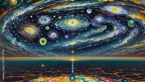 Cosmic animation, impressionist painting. Bright universe animation with vivid galaxy, planets, nebulas and stars. AI generated cinematic video