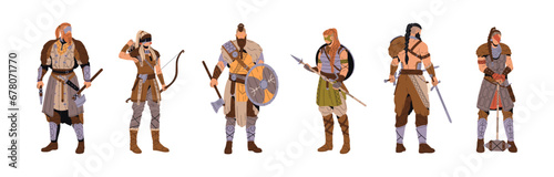 Vikings in armor with weapon set. Ancient barbarian soldiers hold sword, shield. Medieval nordic warriors. Scandinavian people in animal skins. Flat isolated vector illustration on white background