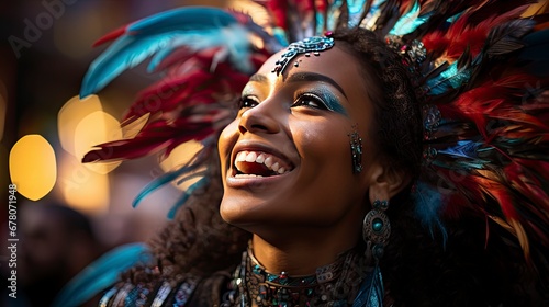 A radiant carnival queen with a feathered headdress and joyous expression amidst a festive backdrop.