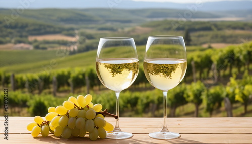 Harvest Time: Closeup of Wine Glasses with Vineyard Landscape