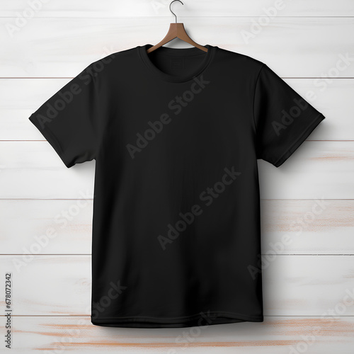 black t-shirt, wood grain background, PNG, 300 DPI