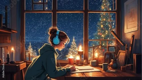 A girl sits at a table, music listen through her headphones. The flickering light of a fire candle illuminates her face, Outside the big glass window, the Christmas night sky twinkles,lofi animation. photo