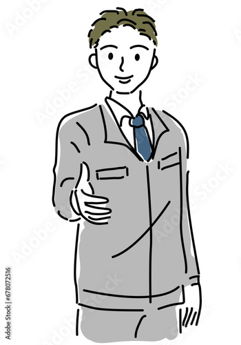 握手を求める作業着の男性