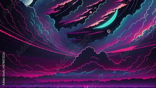 Futuristic cosmic animation with deep space, galaxy, and futuristic cityscape on planet. Bright cosmic animation with illustrations transformations and metamorphose. AI generated cinematic video