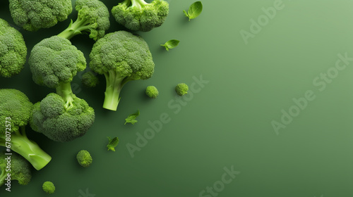 Fresh green broccoli on green background with copy space. Top view.