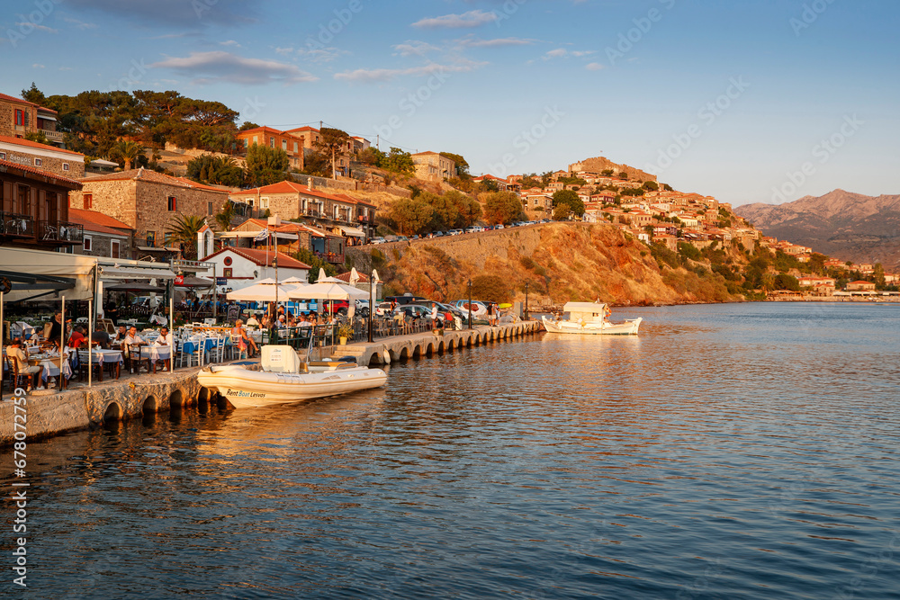 Traditional Greece. Lesvos island, view of town Molyvos (Mithymna) with old castle above