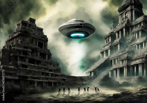 Flying saucer visiting an ancient civilization - Digital illustration photo