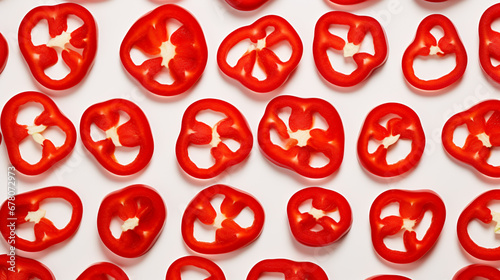 Red pepper slices isolated on white background. Top view. Flat lay. © The Food Stock