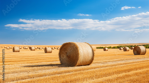 Cereal field landscape after harvest. Bales of hay.