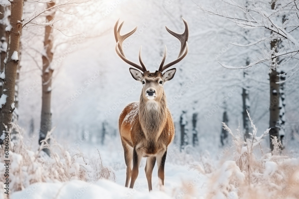 Noble deer in the herd against the background of a beautiful winter snow forest artistic winter landscape winter, aesthetic look Noble deer in the herd against the background of a beautiful winter snow forest artistic winter landscape winter, aesthetic look