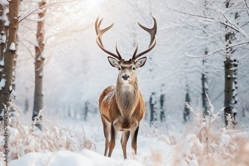 Noble deer in the herd against the background of a beautiful winter snow forest artistic winter landscape winter, aesthetic look © alisaaa