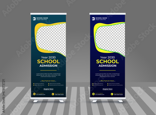 minimalist and sample school roll up banner design, back to school roll up banner design layout, admission banners mockup, colorful marketing pull up advertisement retractable  banner design in illust