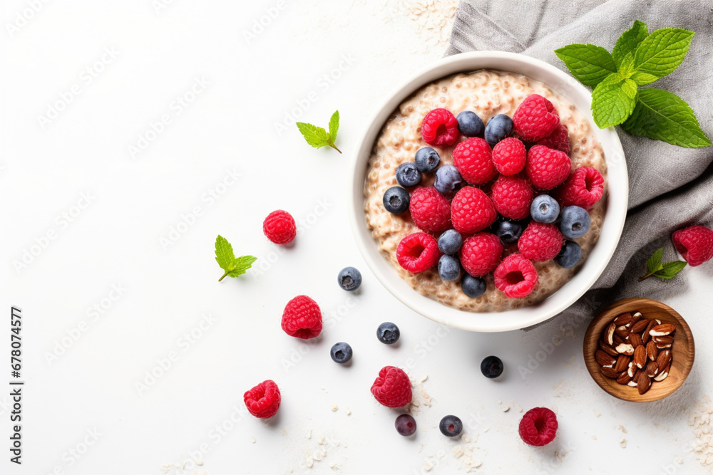 Oatmeal porrige with fresh berries and nuts on white background, Healthy breakfast, top view with copy space, aesthetic look Oatmeal porrige with fresh berries and nuts on white background, Healthy breakfast, top view with copy space, aesthetic look