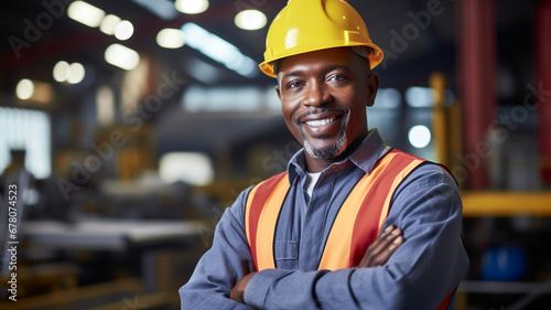 Portrait of african american successful builder worker contractor wearing hard hat and safety vest standing on a commercial building construction site.   © BlazingDesigns